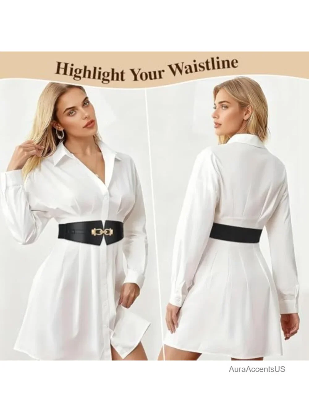 Wide Elastic Stretch Belt Gold Buckle Faux Leather Waist Belt for Dresses Coats